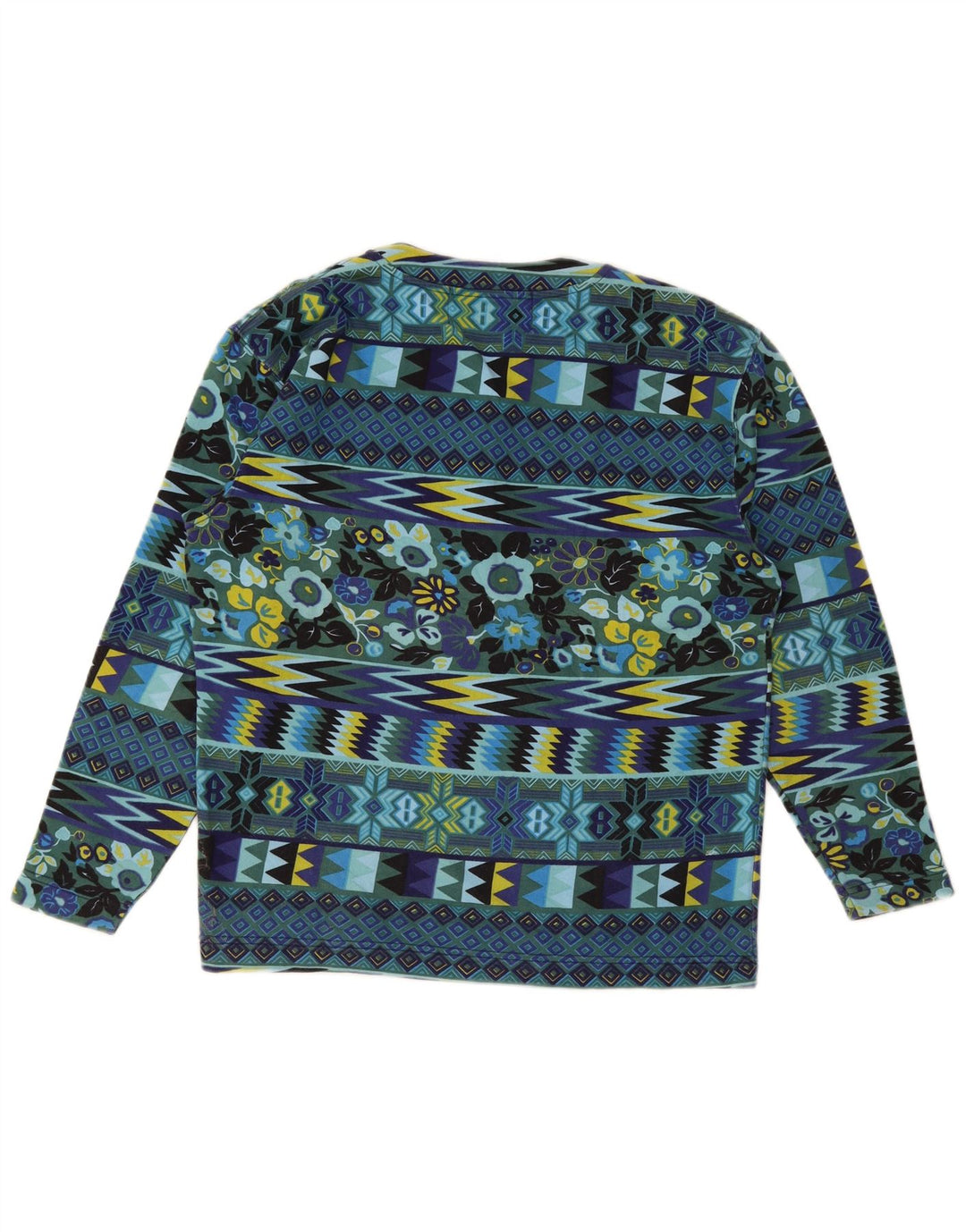 Vintage Womens Top Long Sleeve UK 14 Medium Blue Geometric Cotton