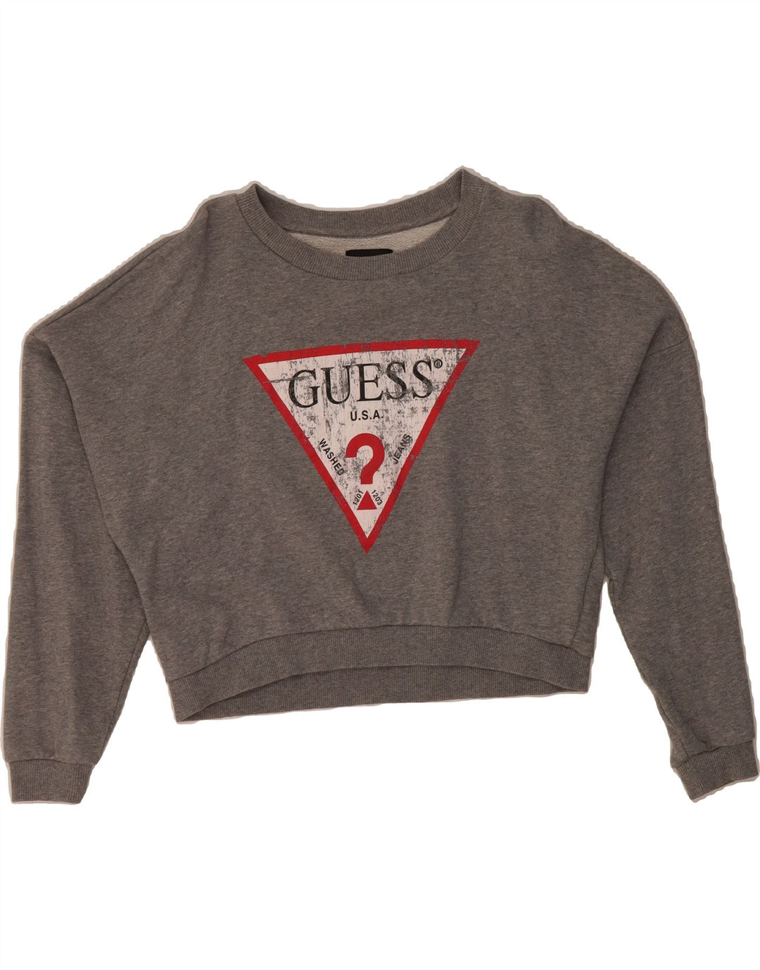 GUESS Womens Oversized Graphic Crop Sweatshirt Jumper UK 6 XS Grey Cotton Vintage Guess and Second-Hand Guess from Messina Hembry 