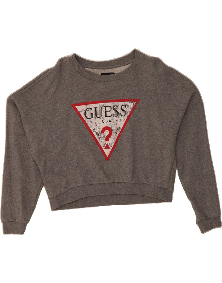 GUESS Womens Oversized Graphic Crop Sweatshirt Jumper UK 6 XS Grey Cotton Vintage Guess and Second-Hand Guess from Messina Hembry 