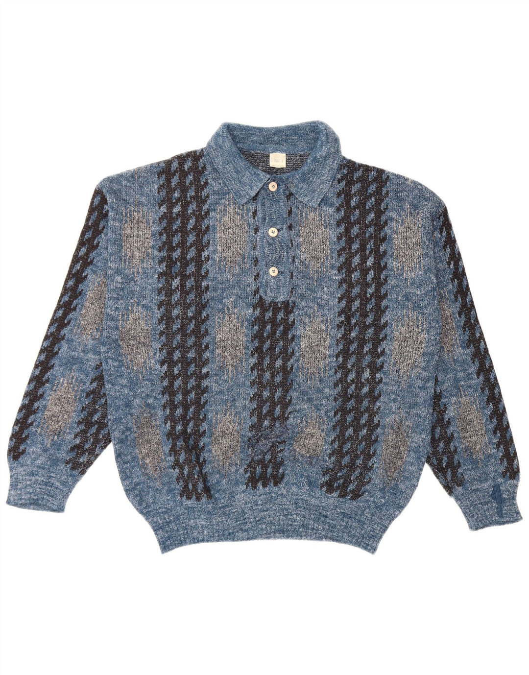 Vintage herre polo hals sweater medium blå geometrisk