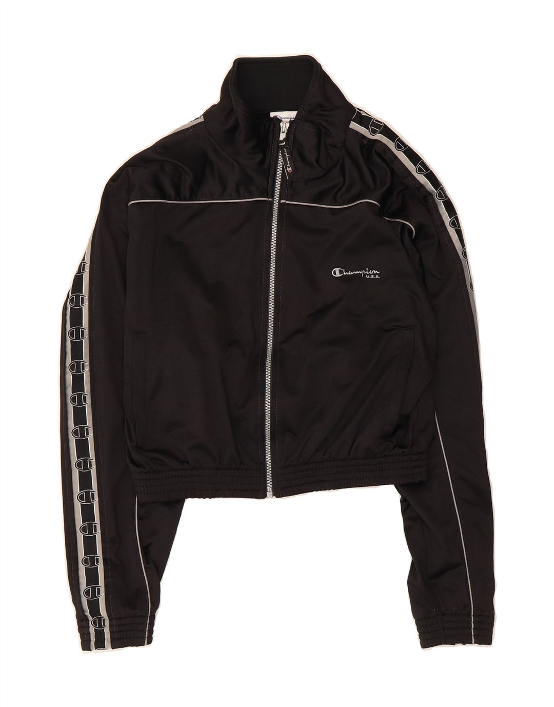 CHAMPION Womens Crop Graphic Tracksuit Top Jacket UK 16 Large Black Vintage Champion and Second-Hand Champion from Messina Hembry 