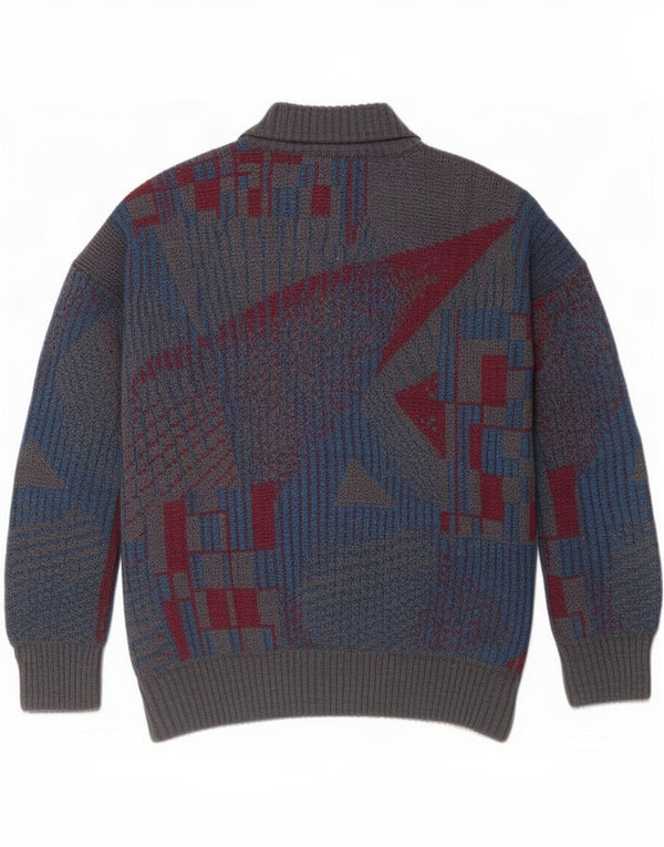 Винтажный мужской кардиган-свитер IT 54 XL, серый, шерсть с геометрическим рисунком
