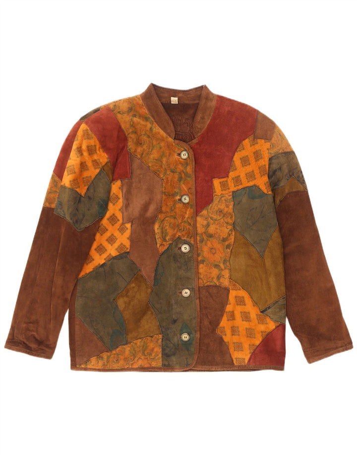 Landhaus Chaqueta de ante holgada para mujer UK 42 Cuero patchwork marrón medio