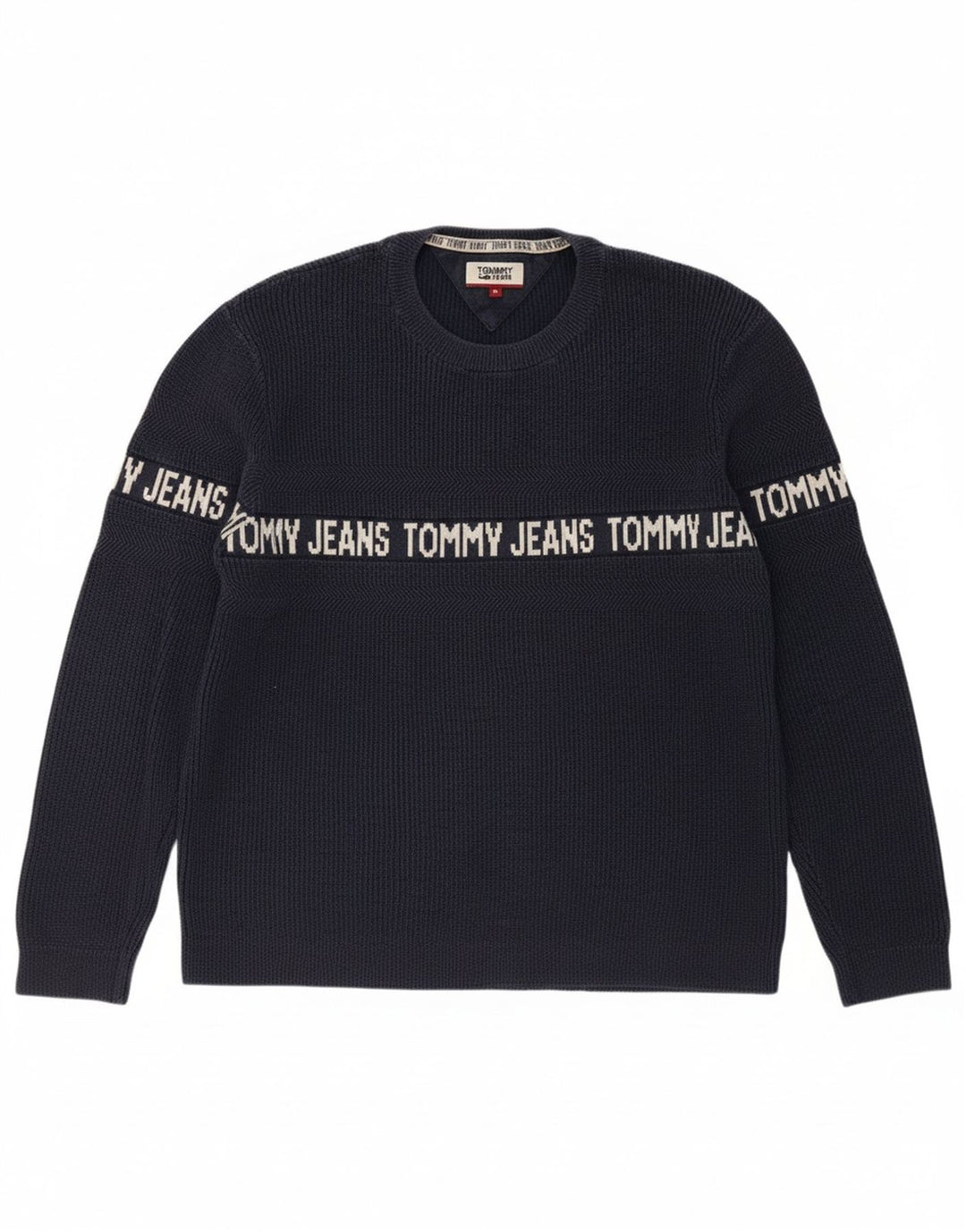 TOMMY HILFIGER Mens Graphic Crew Neck Jumper Sweater Medium Navy Blue