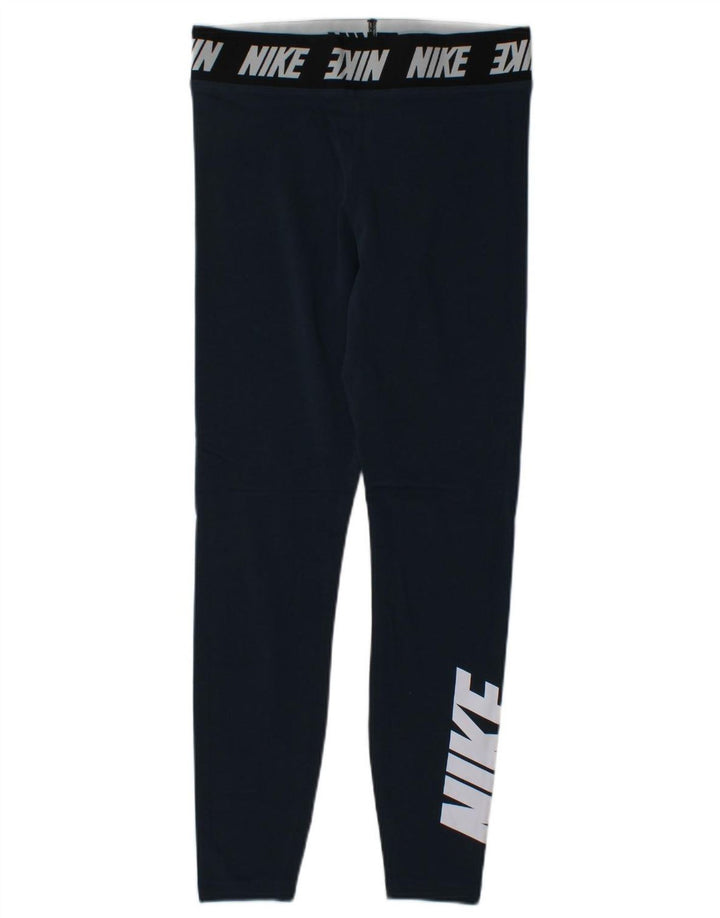 NIKE Womens Graphic Leggings UK 12 Medium  Navy Blue Cotton