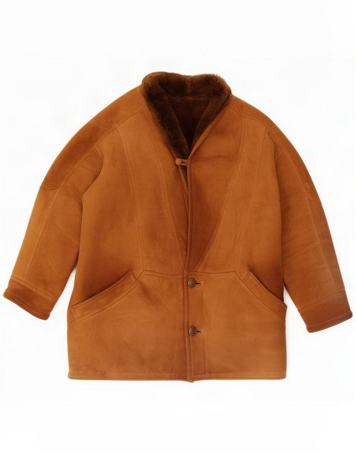 Giacca vintage da uomo in shearling a 3 bottoni UK 40 grande in pelle marrone