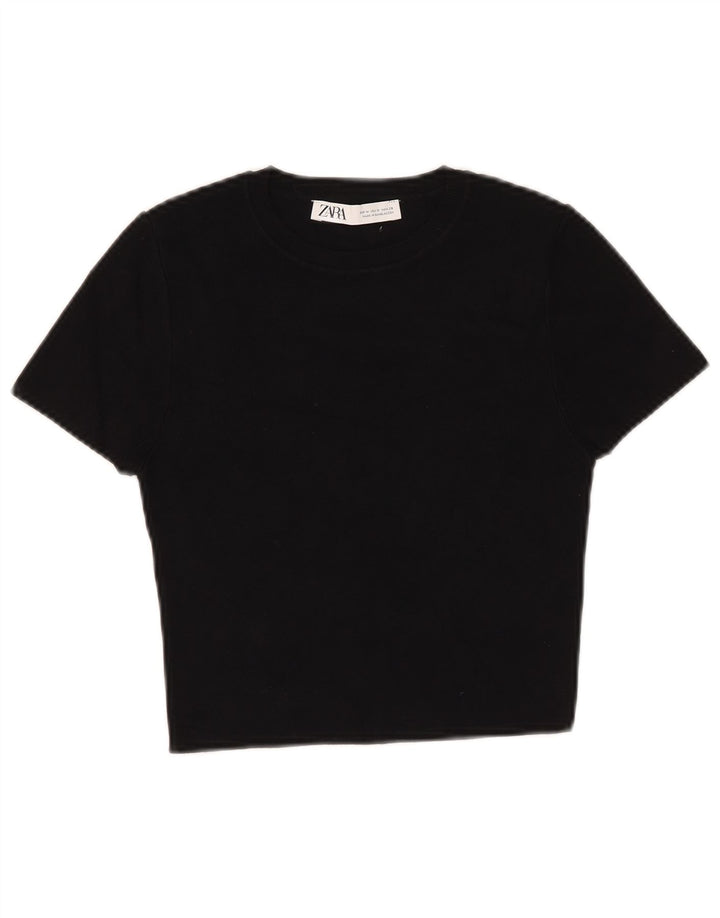 Zara Womens Crop T-Shirt Top UK 12 Medium Black Viscose