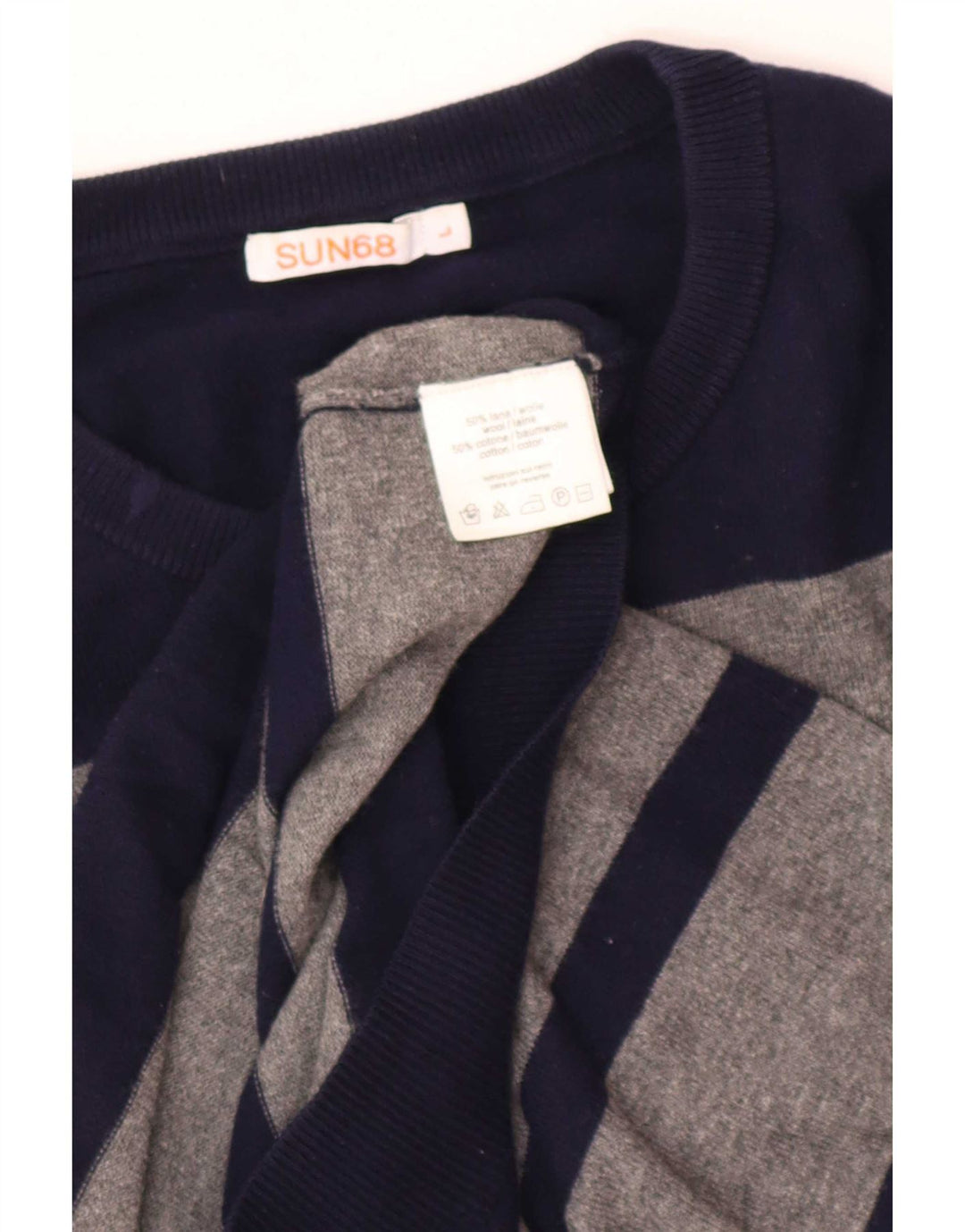 Sun68 Mens Crew Neck Jumper Sweater Large Grey Striped Wool