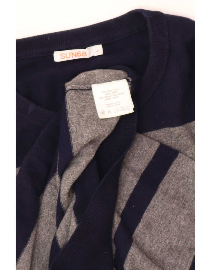 Sun68 Mens Crew Neck Jumper Sweater Large Grey Striped Wool