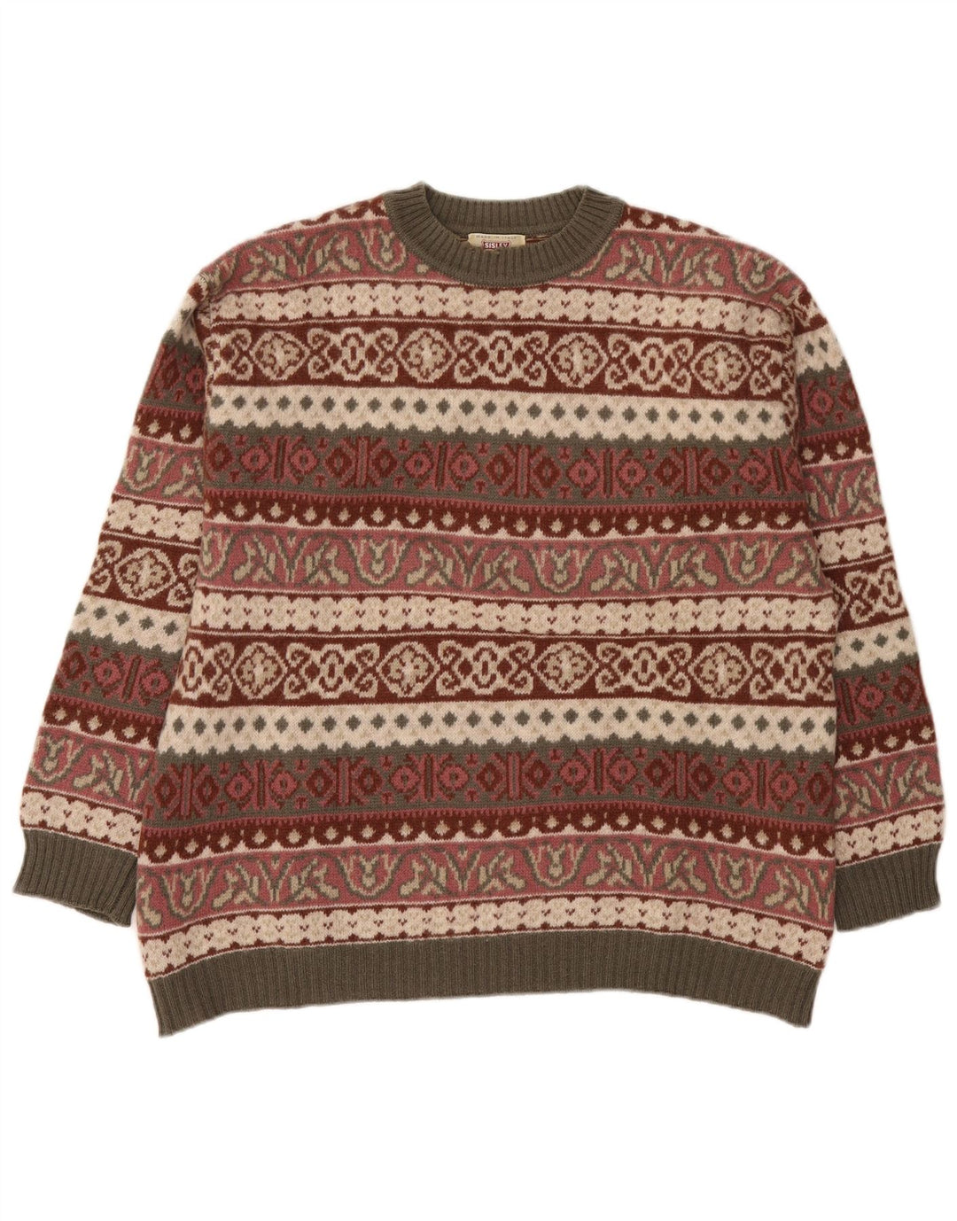 Sisley Mens Crew Neck Jumper Sweater XL Multicoloured Fair Isle