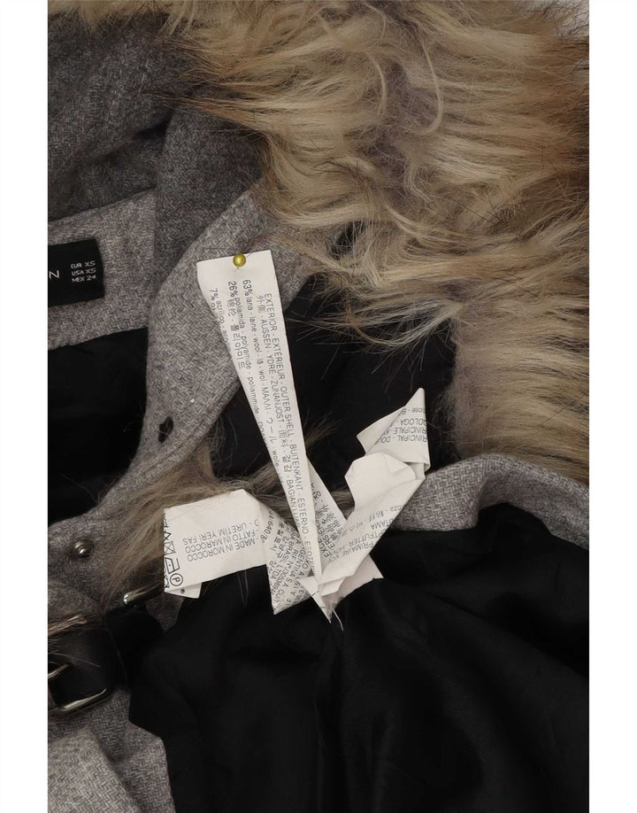 Zara Dame Hætte Oversized Duffle Jacket UK 6 XS Grå Uld