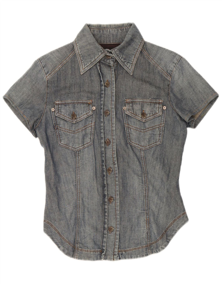 GAUDI Womens Short Sleeve Denim Shirt UK 10 Small Blue Vintage Gaudi and Second-Hand Gaudi from Messina Hembry 