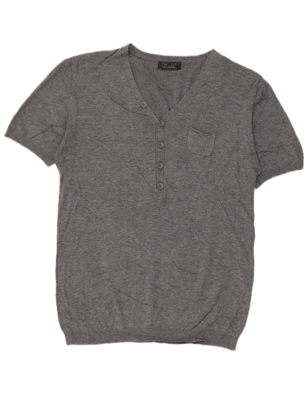 Zara Mens Short Sleeve V-Neck Jumper Sweater Medium Grey Viscose