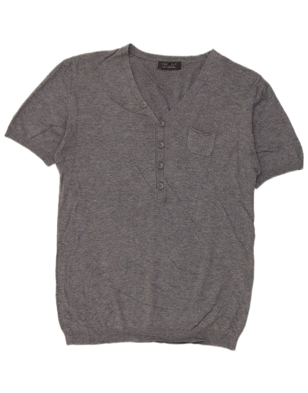 Maglione Zara da uomo a maniche corte con scollo a V in viscosa grigio medio