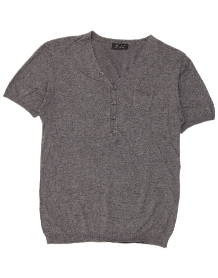 Zara Mens Short Sleeve V-Neck Jumper Sweater Medium Grey Viscose