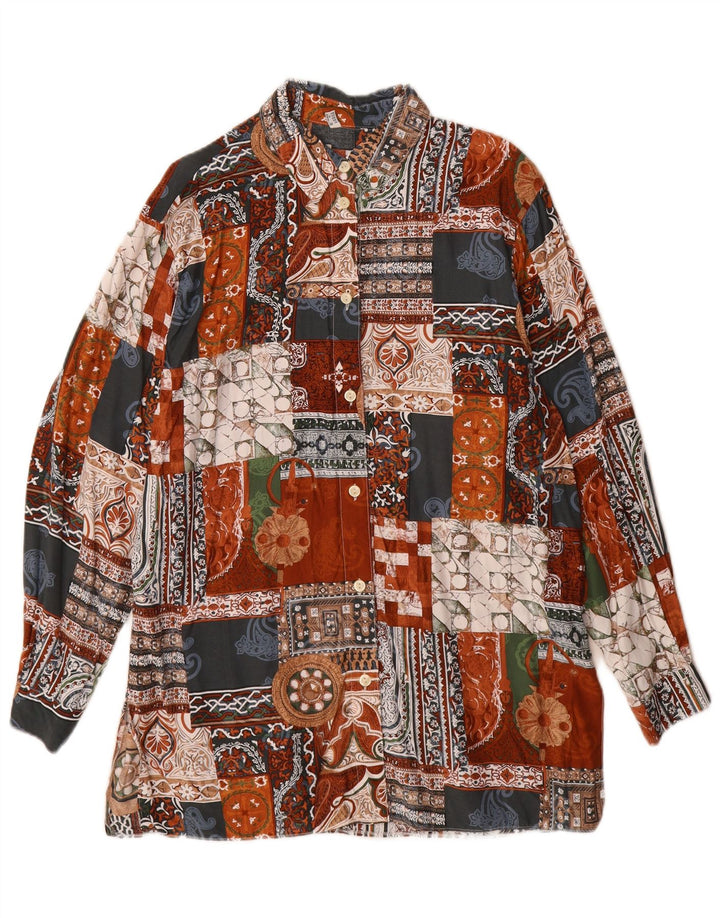 Vintage Dame Langline skjorte UK 14 Stor Flerfarvet Patchwork Viscose