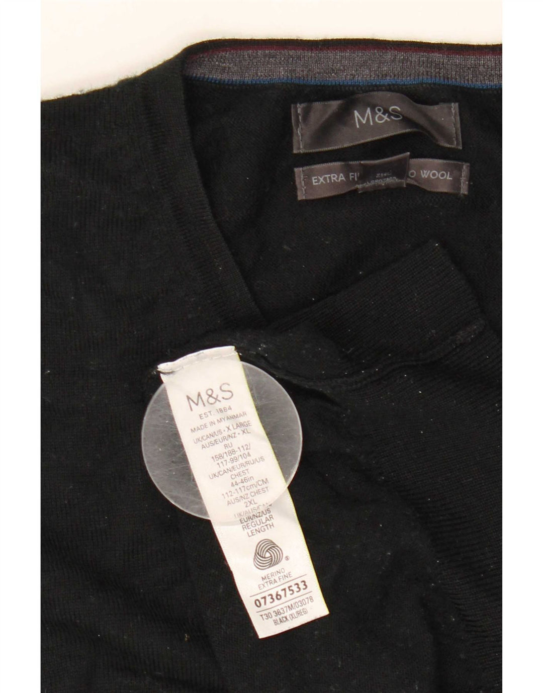 Marks & Spencer Mens V-Neck Jumper Sweater XL Black Merino Wool