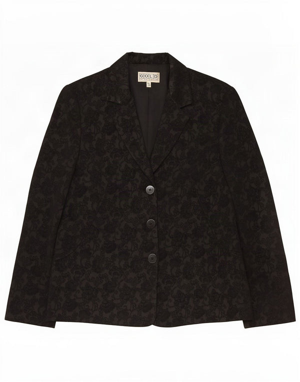 Vintage Womens 3 Button Blazer Jacket UK 14 Large Black Floral Acetate