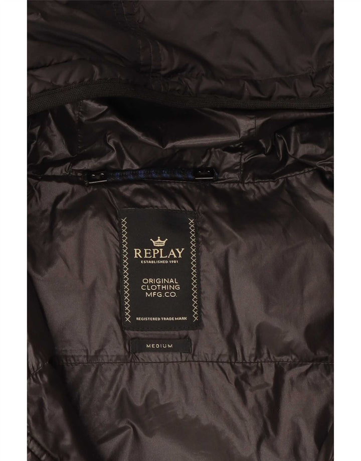 Replay Dame Hætte Polstret Jakke UK 14 Medium Sort Polyester
