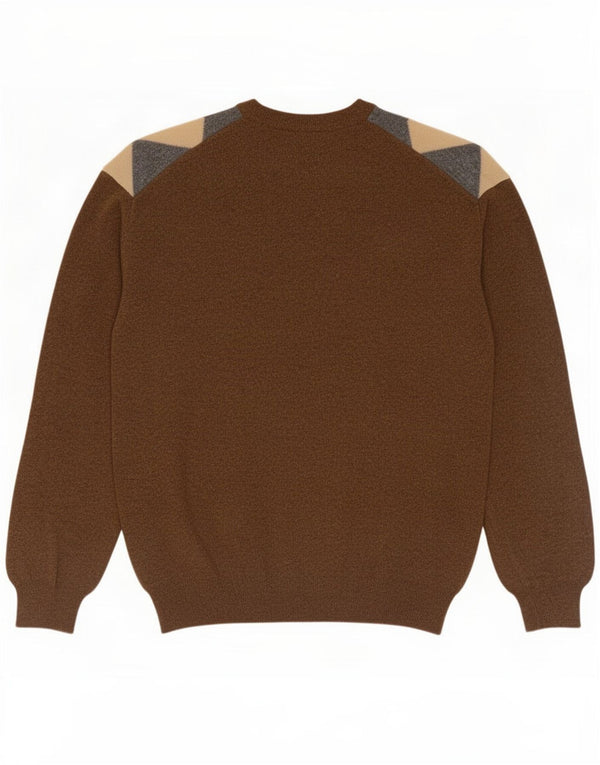 Maglione da uomo girocollo Benetton XL marrone a rombi/lana diamante