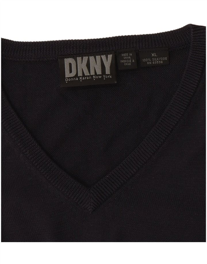 Dkny Mens V-Neck Jumper Sweater XL Navy Blue Silk