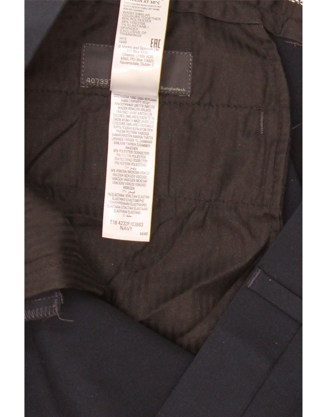 Pantaloni chino slim da uomo Marks & Spencer W40 L33 poliestere blu navy