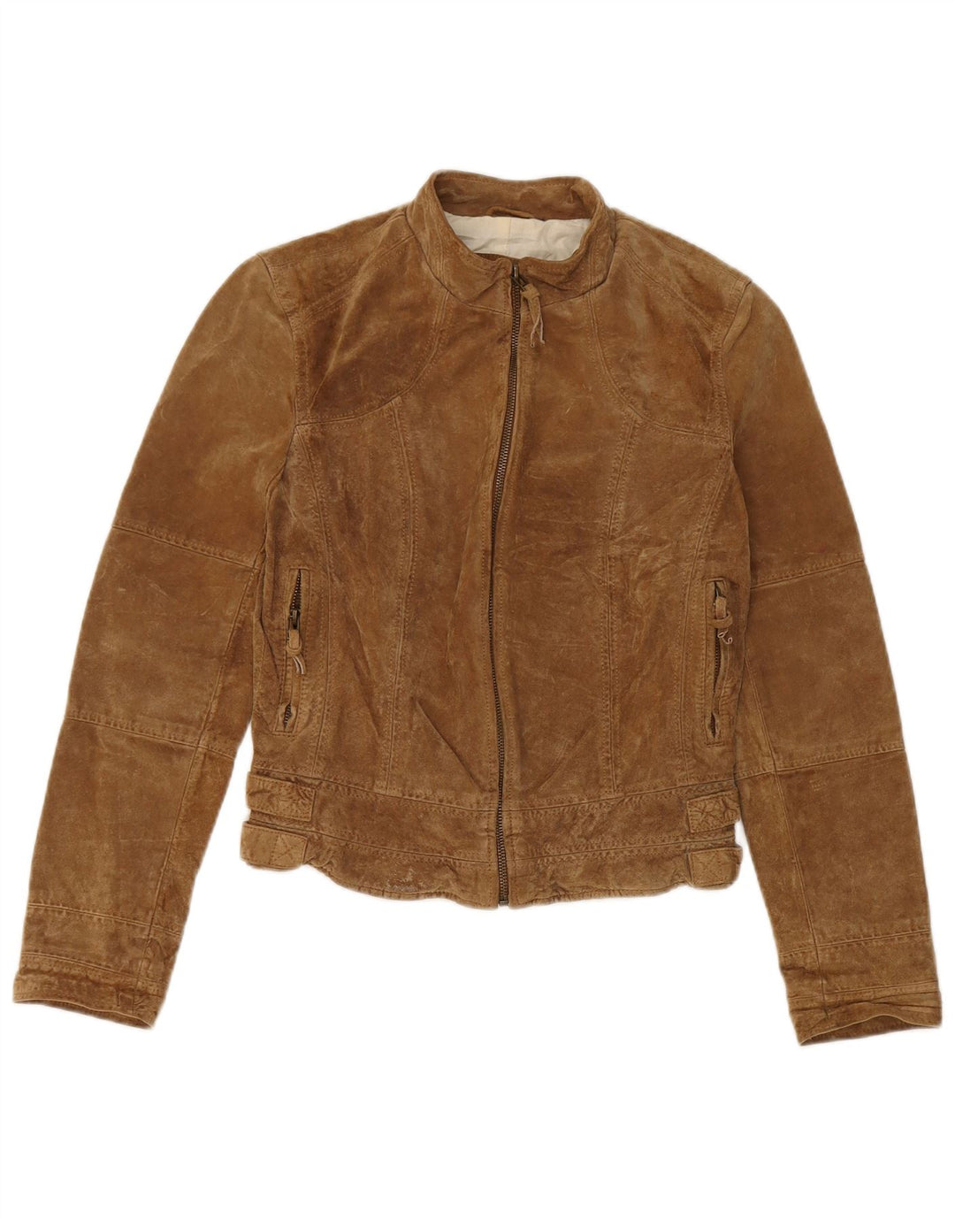 Zara Mujer Crop Gamuza Chaqueta UK 42 Cuero Beige Medio