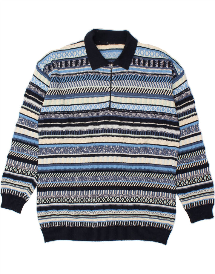 VINTAGE Mens Polo Neck Jumper Sweater Large Blue Striped