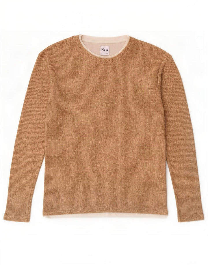 Zara Mens Top Long Sleeve Small Beige Cotton