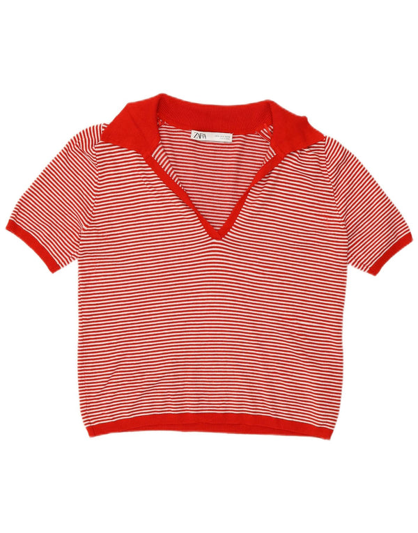 Camisa polo feminina Zara UK 10 pequena viscose listrada vermelha
