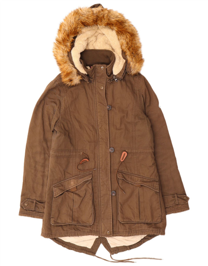 Puffa Womens Hooded Parka Jacket UK 14 Large Brown Cotton