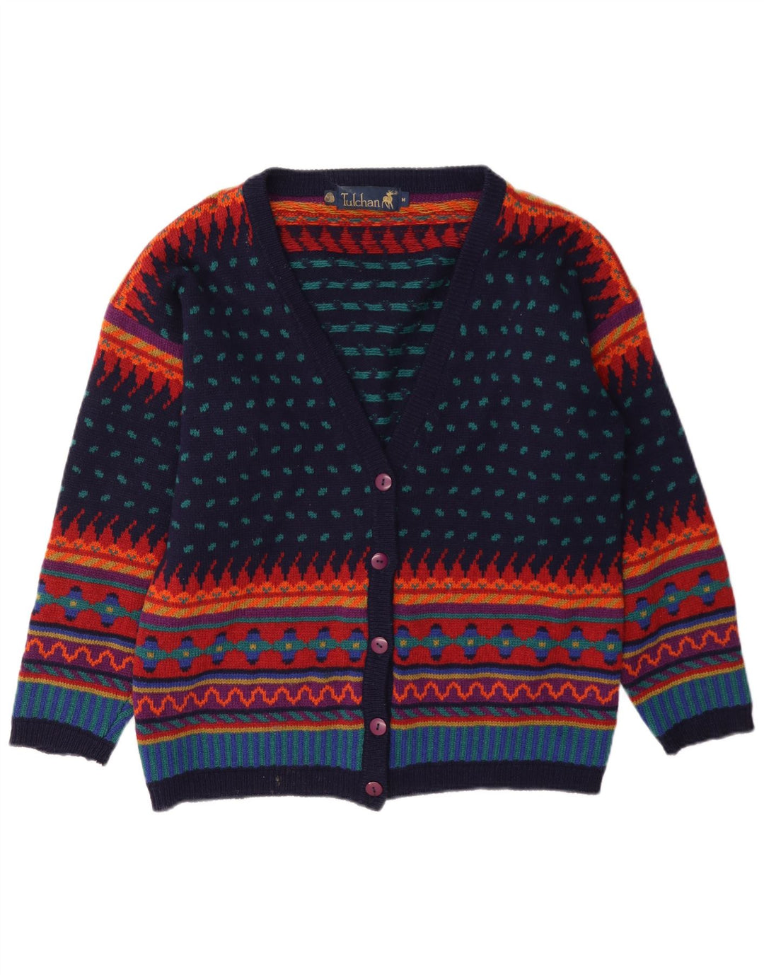 Maglione cardigan da donna Tulchan UK 14 Lana geometrica multicolore media
