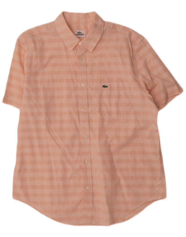 Lacoste Mens Short Sleeve Regular Fit Shirt Size 42 Large Pink Check Cotton