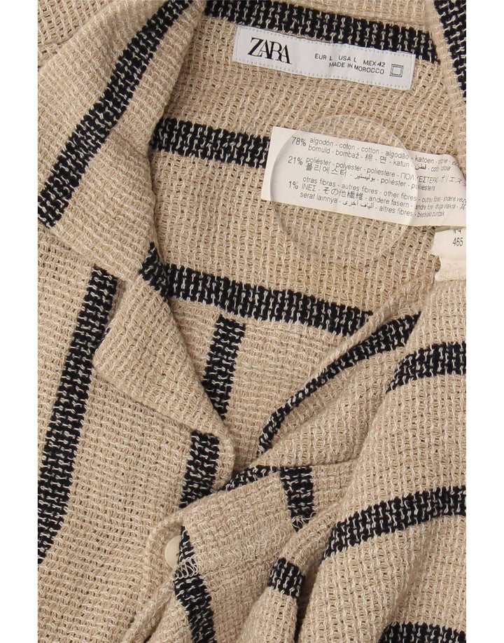 Zara Mens Short Sleeve Shirt Large Beige Striped Cotton