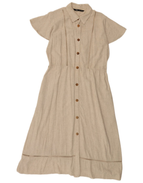 Zara Womens Short Sleeves Shirt Dress UK 16 Large Beige