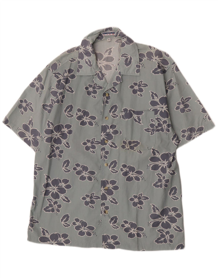 Vintage Mens Short Sleeve Shirt Medium Blue Floral Cotton