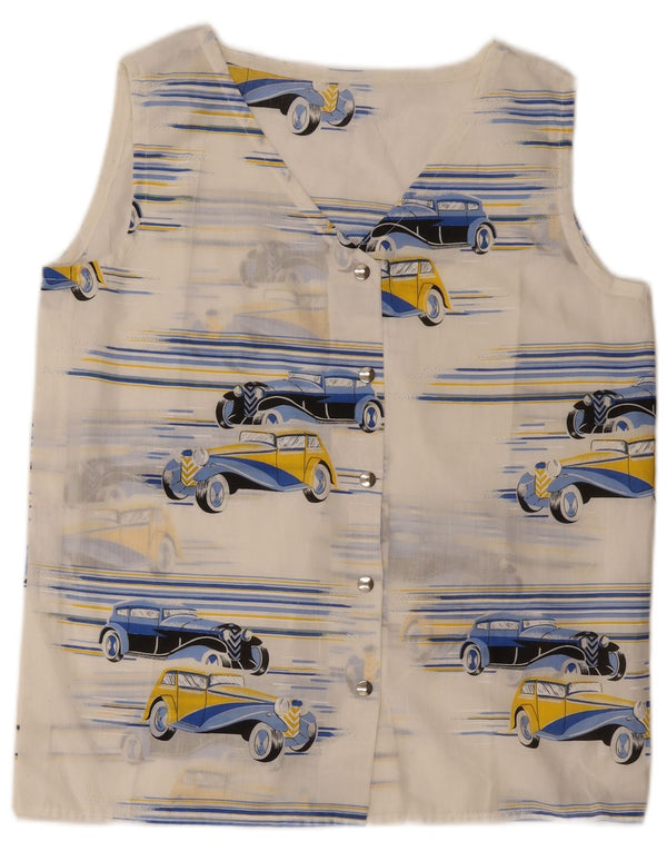 Vintage kvinders abstrakt mønster ærmeløs skjortebluse UK 14 Large White