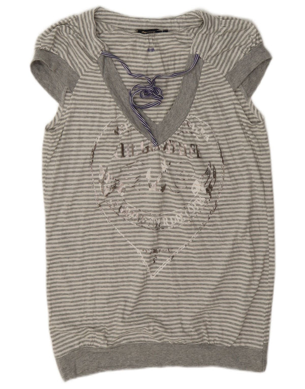 Gas Womens Graphic Blouse Top UK 14 Large Grey Striped Cotton