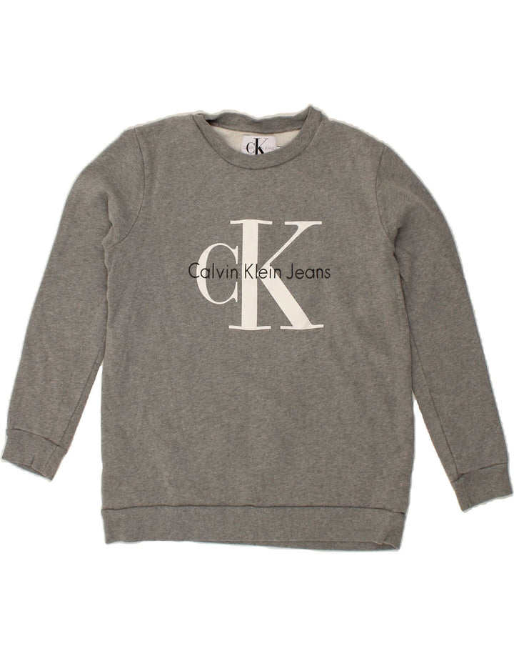 CALVIN KLEIN JEANS Womens Graphic Sweatshirt Jumper UK 14 Medium Grey Vintage Calvin Klein Jeans and Second-Hand Calvin Klein Jeans from Messina Hembry 