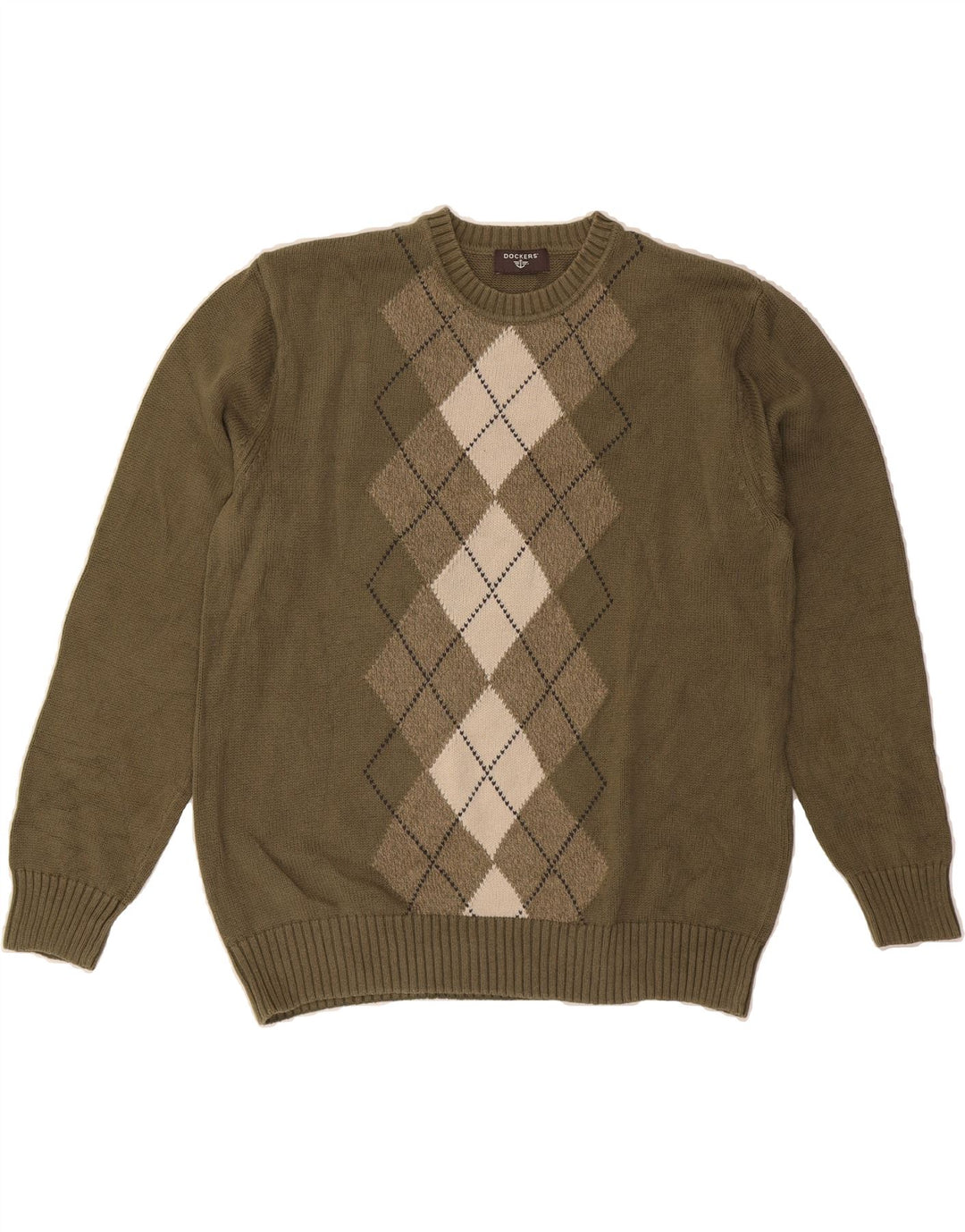 DOCKERS Mens Crew Neck Jumper Sweater Large Khaki Argyle/Diamond Vintage Dockers and Second-Hand Dockers from Messina Hembry 