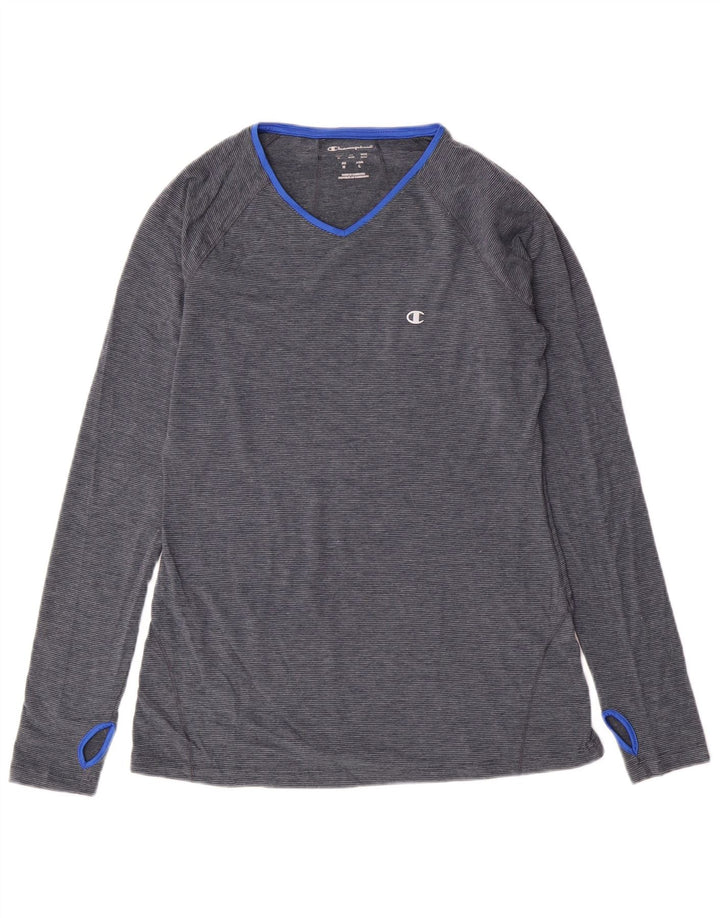 Champion Womens Top Long Sleeve UK 12 Medium Blue Pinstripe Polyester