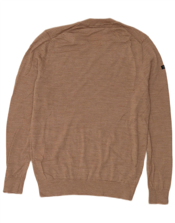 Superdry Mens V-Neck Jumper Sweater Medium Beige Merino Wool