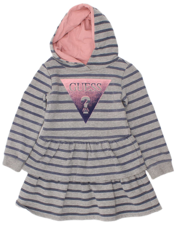 Guess Girls Graphic Hooded Jumper Dress 2-3 Years Grey Striped Cotton