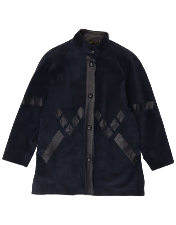 Vintage Damen Übergroßer Wildledermantel UK 14 Medium Navy Blue Geometrisch