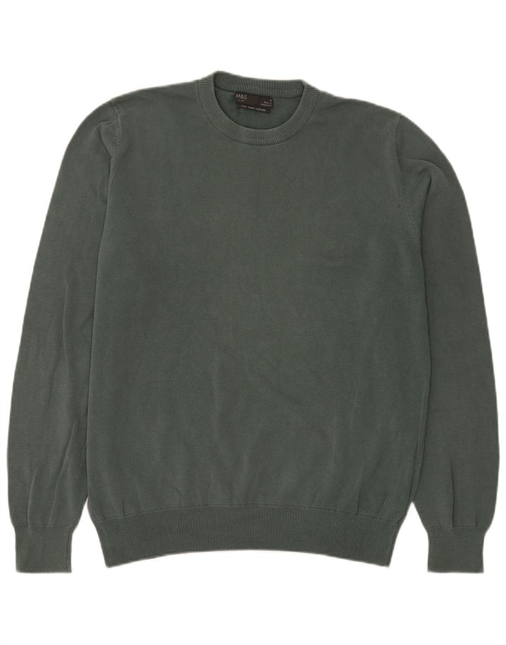 Marks & Spencer Herren-Pullover mit Rundhalsausschnitt, mittelgrüne Baumwolle