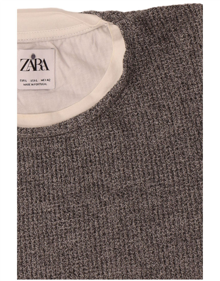Zara Mens Crew Neck Jumper Sweater Large Grey Cotton