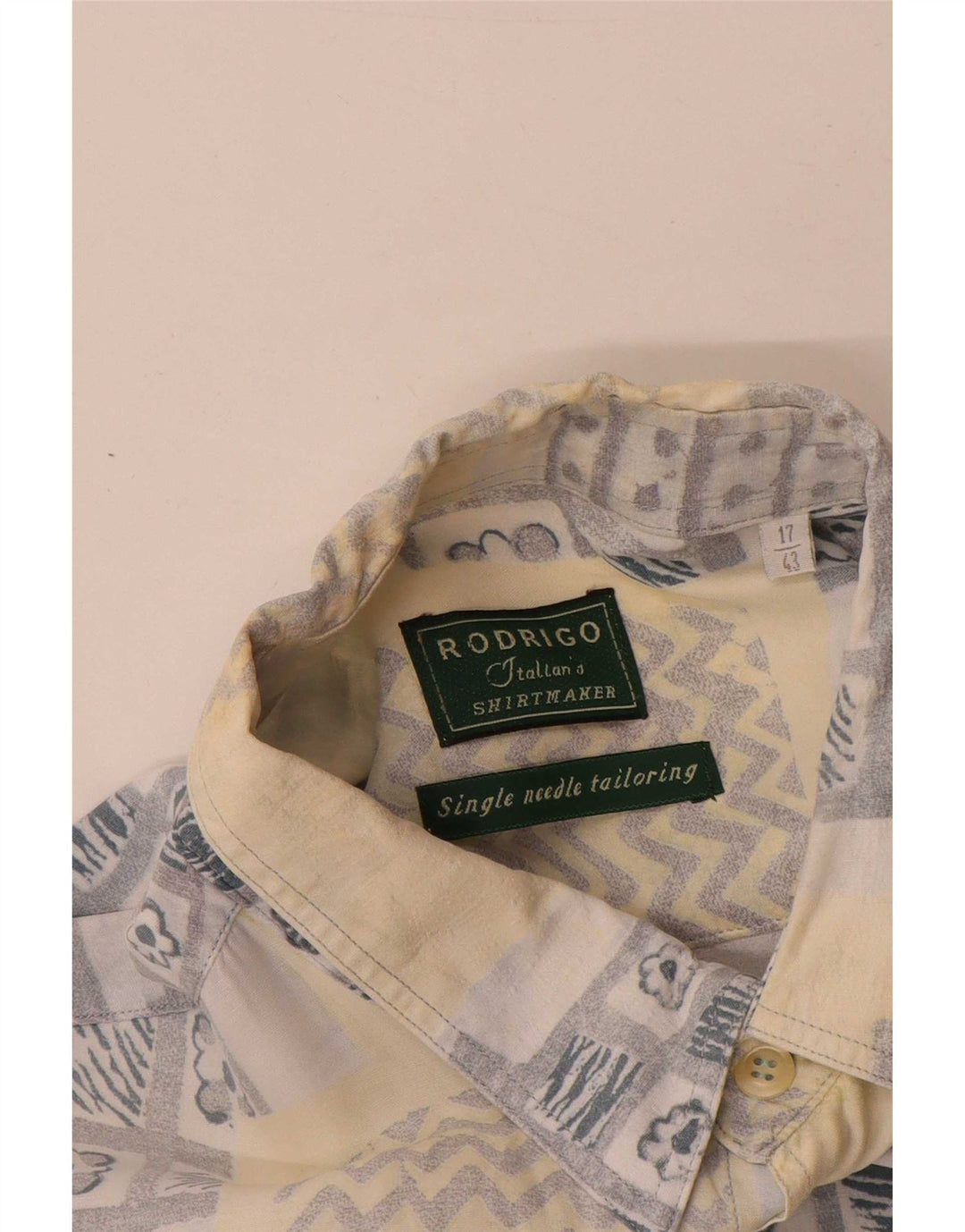 Rodrigo Mens Short Sleeve Shirt Size 43 17 XL Beige Patchwork Cotton