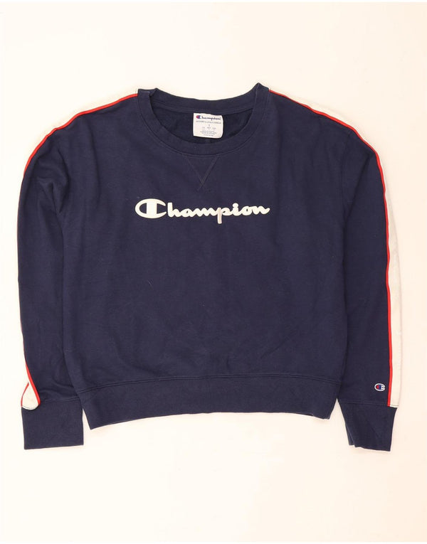 Champion Womens Crop Sweatshirt Jumper UK 14 Large Navy Blue Colourblock