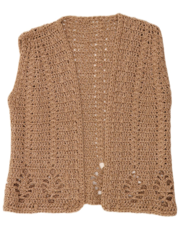 Maglione cardigan all'uncinetto senza maniche da donna VINTAGE UK 14 Large Beige