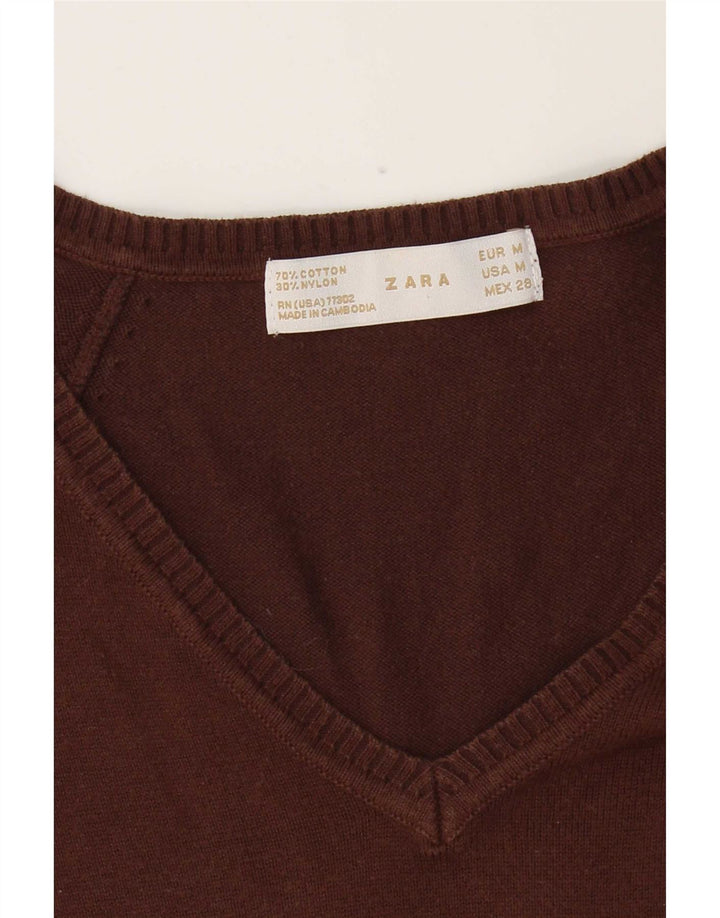 Zara Womens V-Neck Jumper Sweater UK 12 Medium Brown Cotton